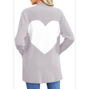 Grey  White Open-Front Cardigan Heart Design Size M Womens Long Sleeve